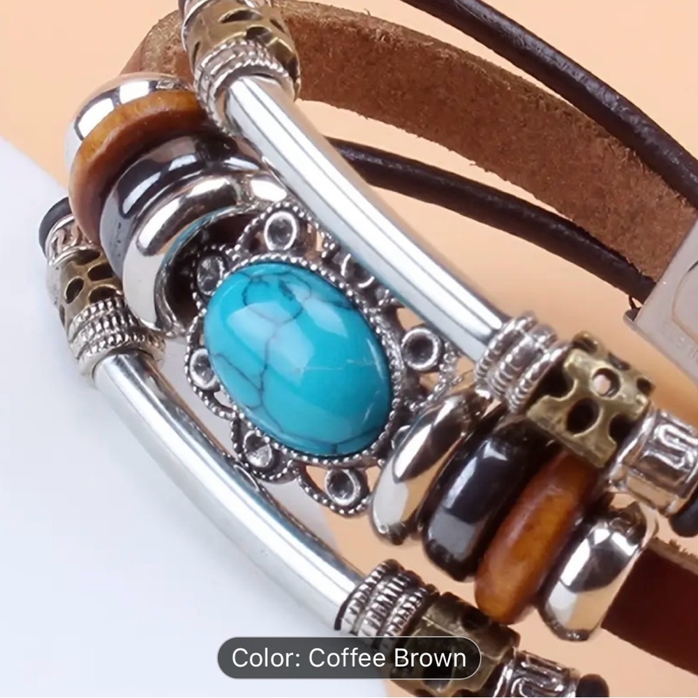 COPY - Elegant Tribal Vintage Green Turquoise Beads & PU Leather Bracelet